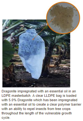 Dragonite impregnated with an essential oil in an LDPE masterbatch Dragonite impregnated with an essential oil in an LDPE masterbatch